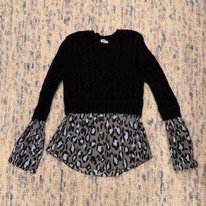 Kenzo Black Cableknit Sweater with Attached Mixed Media Leopard Print Shirt